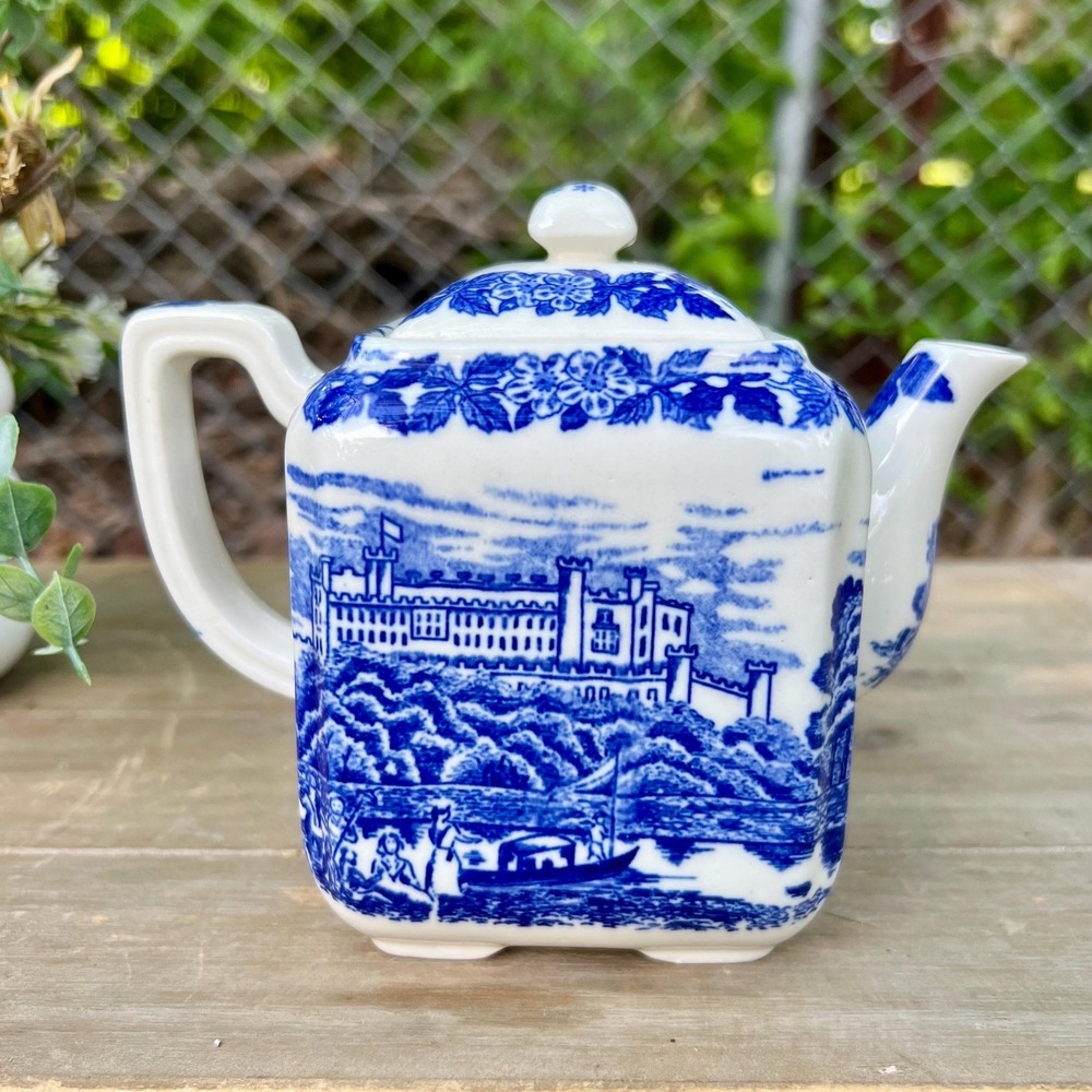 Vintage Blue and White Castle and Floral Teapot